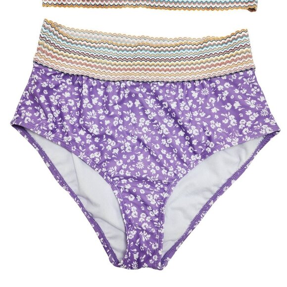 Purple Floral High Waist Bikini Set Swimsuit Striped Band Size L - Picture 5 of 5